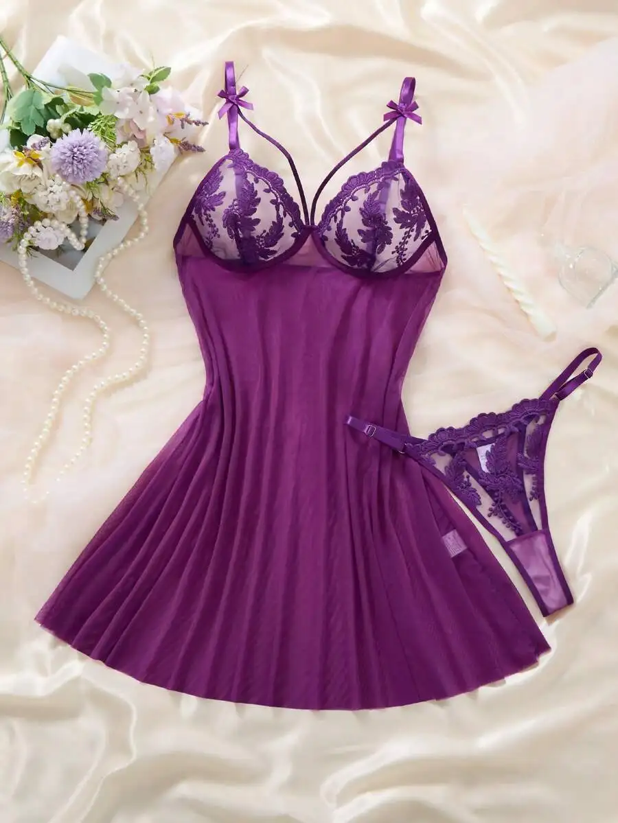 

Wine Red Court Mature Charm - Gorgeous And Sexy Nightgown, Embroidered Bow Brasieres Sin Varilla, Soft And Comfortable