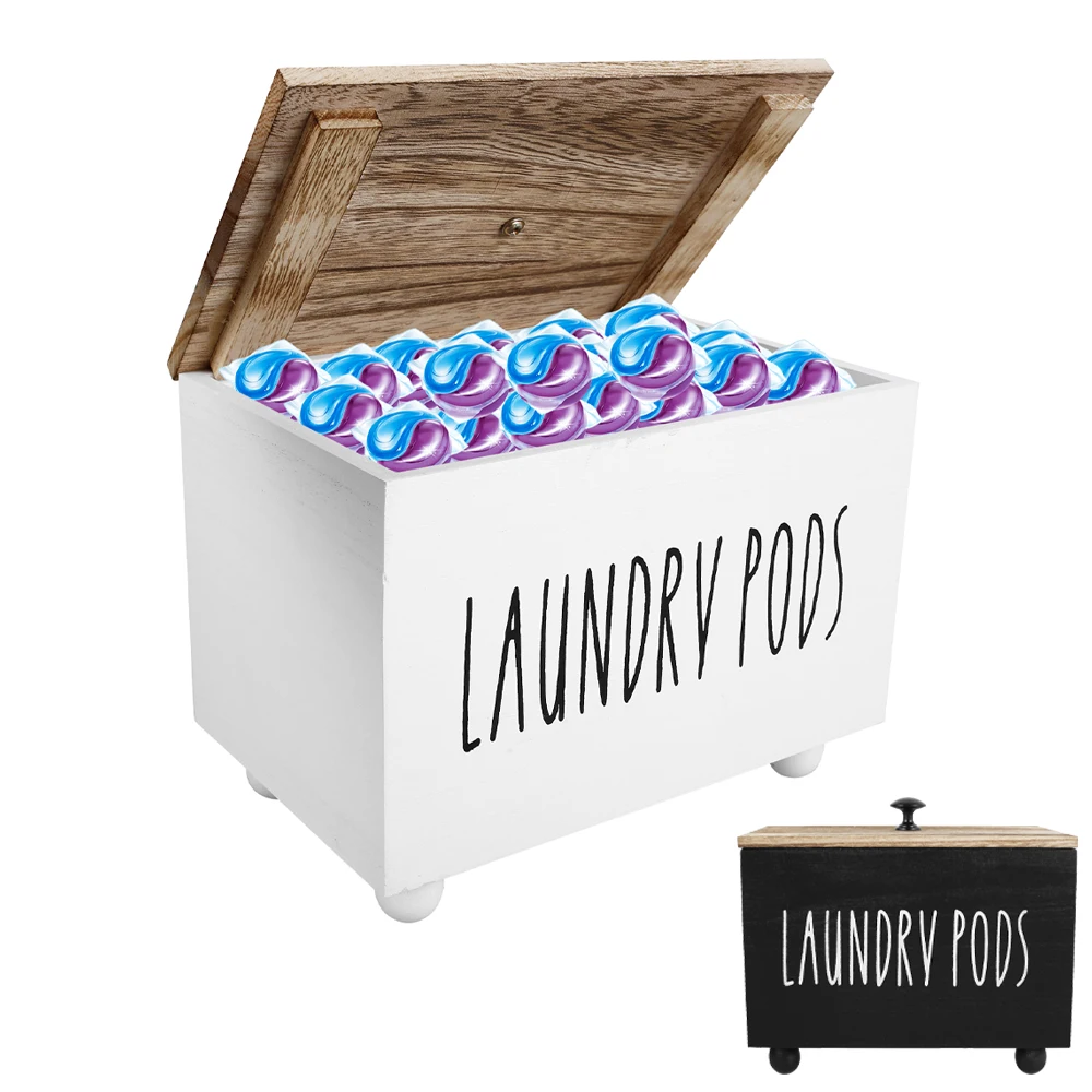 Laundry Pods Container Wooden Dishwasher Storage Box Washing Capsules Holder with Lid Multipurpose Dryer Sheet Container