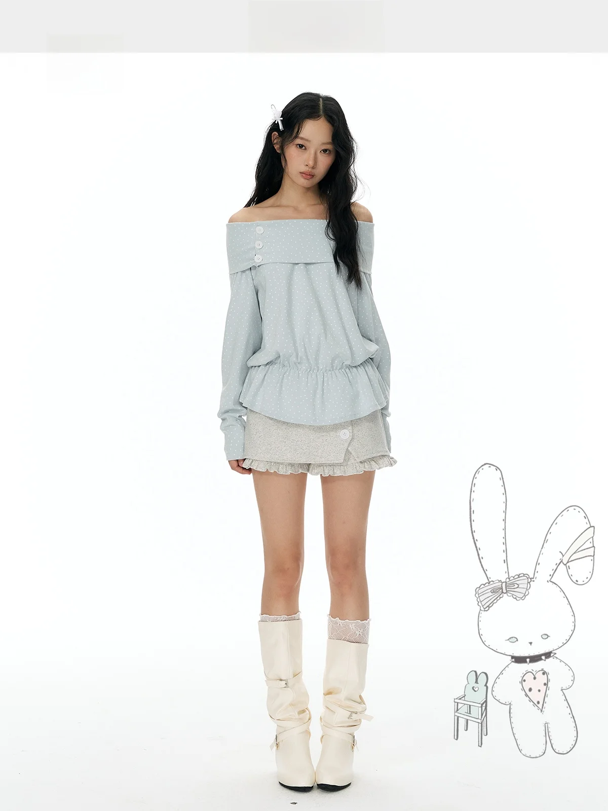 Long Sleeve Sweatshirt One Shoulder Wide U-neck Polka Dot Lantern Sleeve Flip Style Blue Korean Loose Fit Ladies T-shirt