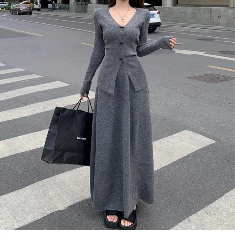 2024 Autumn Oversized Knitted Sets 2 Pieces Korean Fashion Cardigans with Long Skirts Women Casual Sweater Tops Skirts Outfits