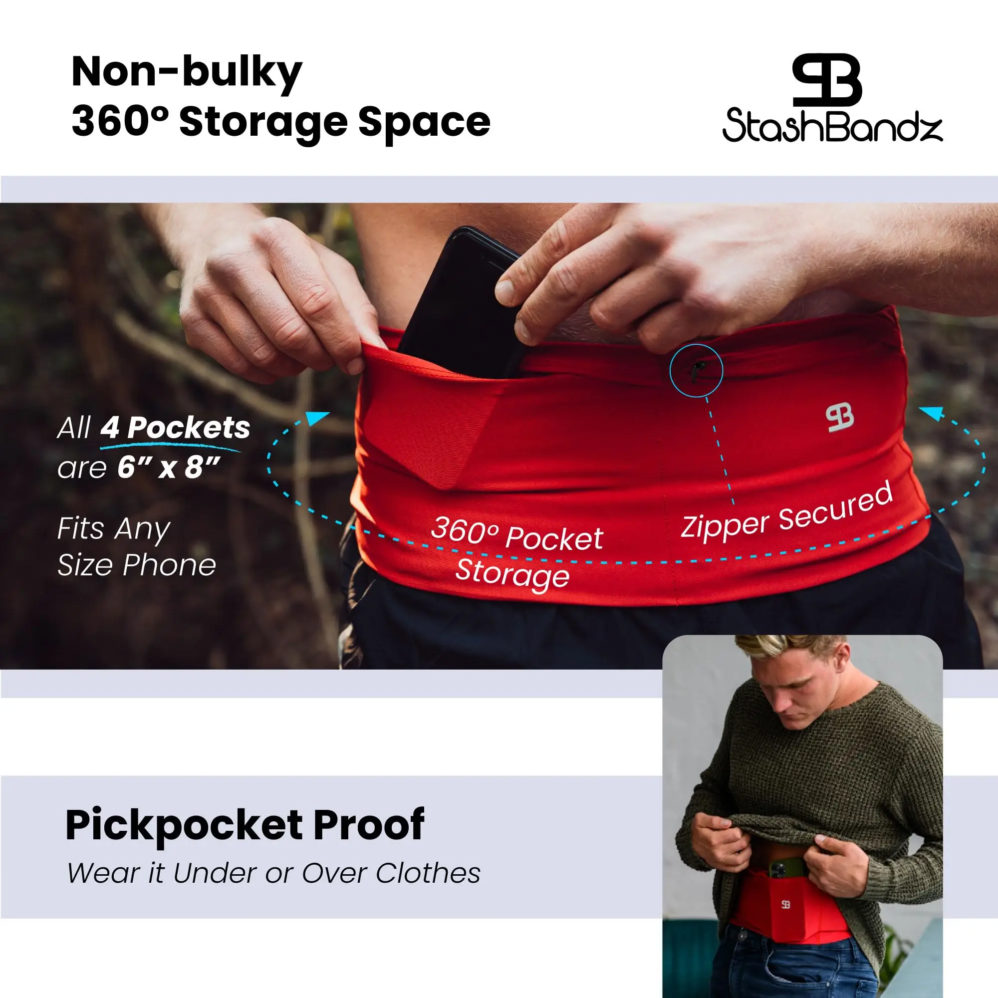 Unisex Running Belt Travel Money Belt Slim Fanny Pack and Waist Pack 4 Large Security Pockets Zipper Cell Phones Passport Holder