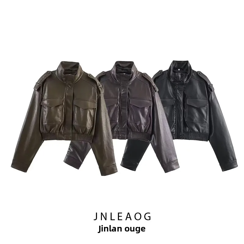 

JNLEAOG Faionable ort Leather Jaet Women's Autumn New Sle Versatile Sli Outerwear Polyester Fabric Slimming Effect