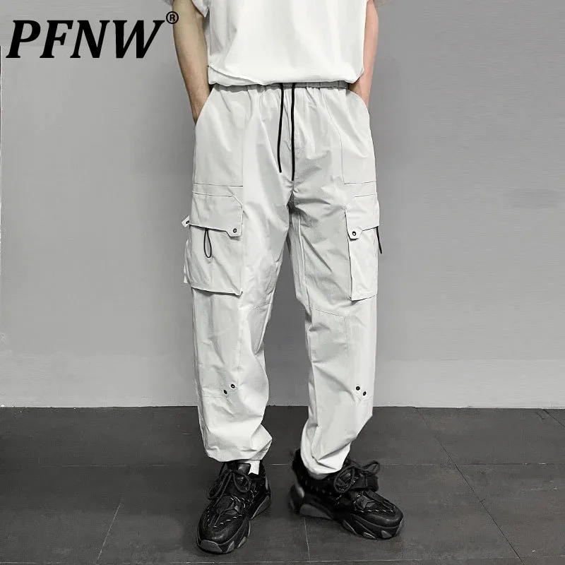 

PFNW High Street Men's Pants Casual Multi-pocket Drawstring Overall Elastic Waist Solid Color Straight Binding Leg New 12C466