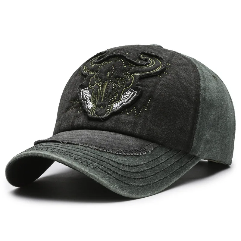 Washed Vintage Bull Skull Embroidery Baseball Cap, Men Women Patchwork Adjustable Sun Hat, Retro Casual Outdoor Sunscreen Cap fo
