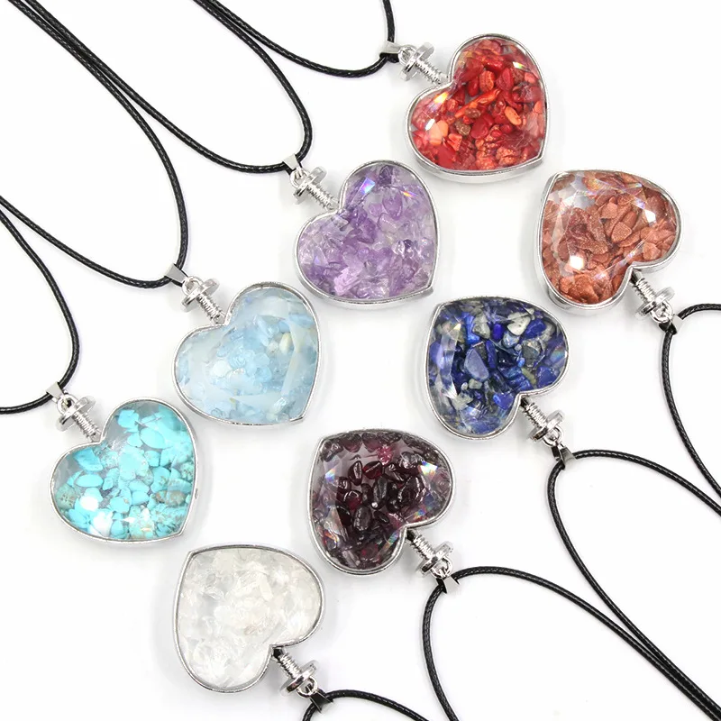 

1pcs Love Heart Wishing Bottle Pendant Crystal Stone Gravel Polished Garnet Pink Crystal Heart-Shaped chain pendant Necklace