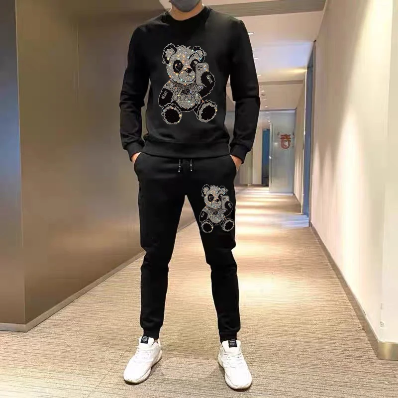 New Style Men\'s  Hoodies Fashion Sets Rhinestone  Hooded Sweatshirts+Pants Male Winter Sportswear Two Pieces Luxury Tracksuit