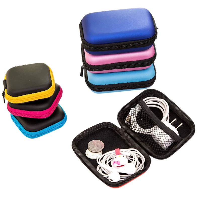 1PC Leather Zippered Lock Hard Storage Bag Earphone Headphone Case Protective USB Cable Dapper Portable Travel Organizer