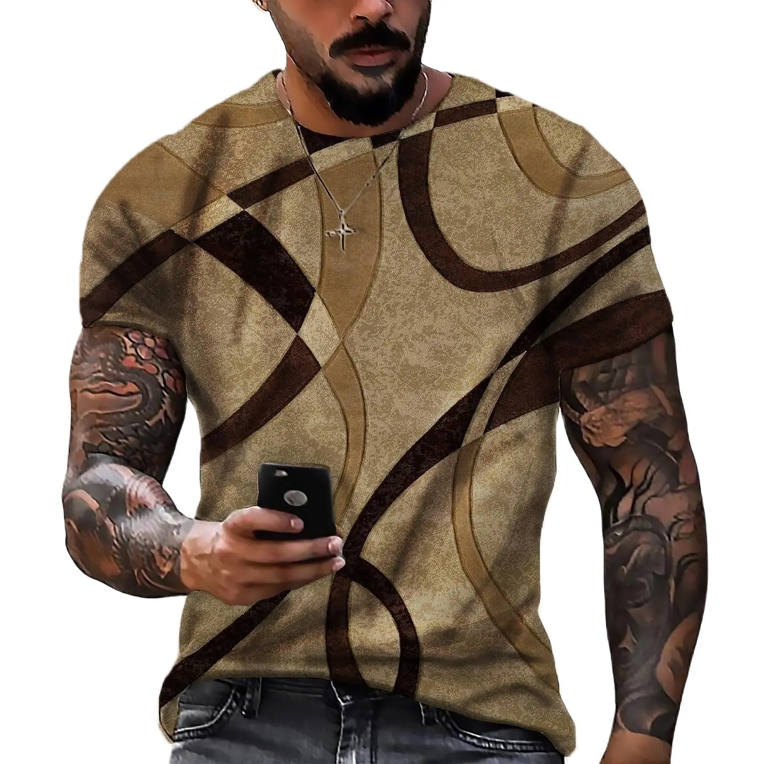 3D Tshirts For Men Vintage Brown Geometry T-Shirt Casual Printed Short-Sleeved Loose Oversized Streetwear T-shirt Tops Tees