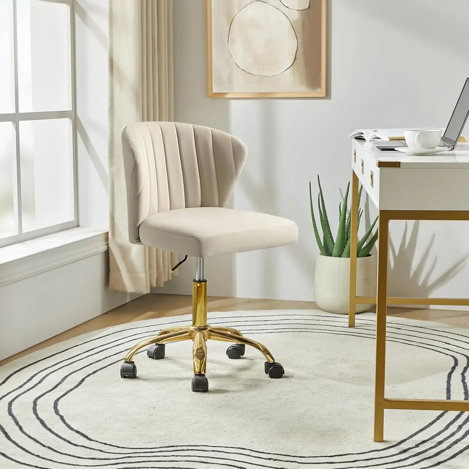 

Home Office Desk Chair with Gold Wheels,Small Cute Vanity Chair with Back for Bedroom, Adjustable Rolling Task Work Swivel Chair