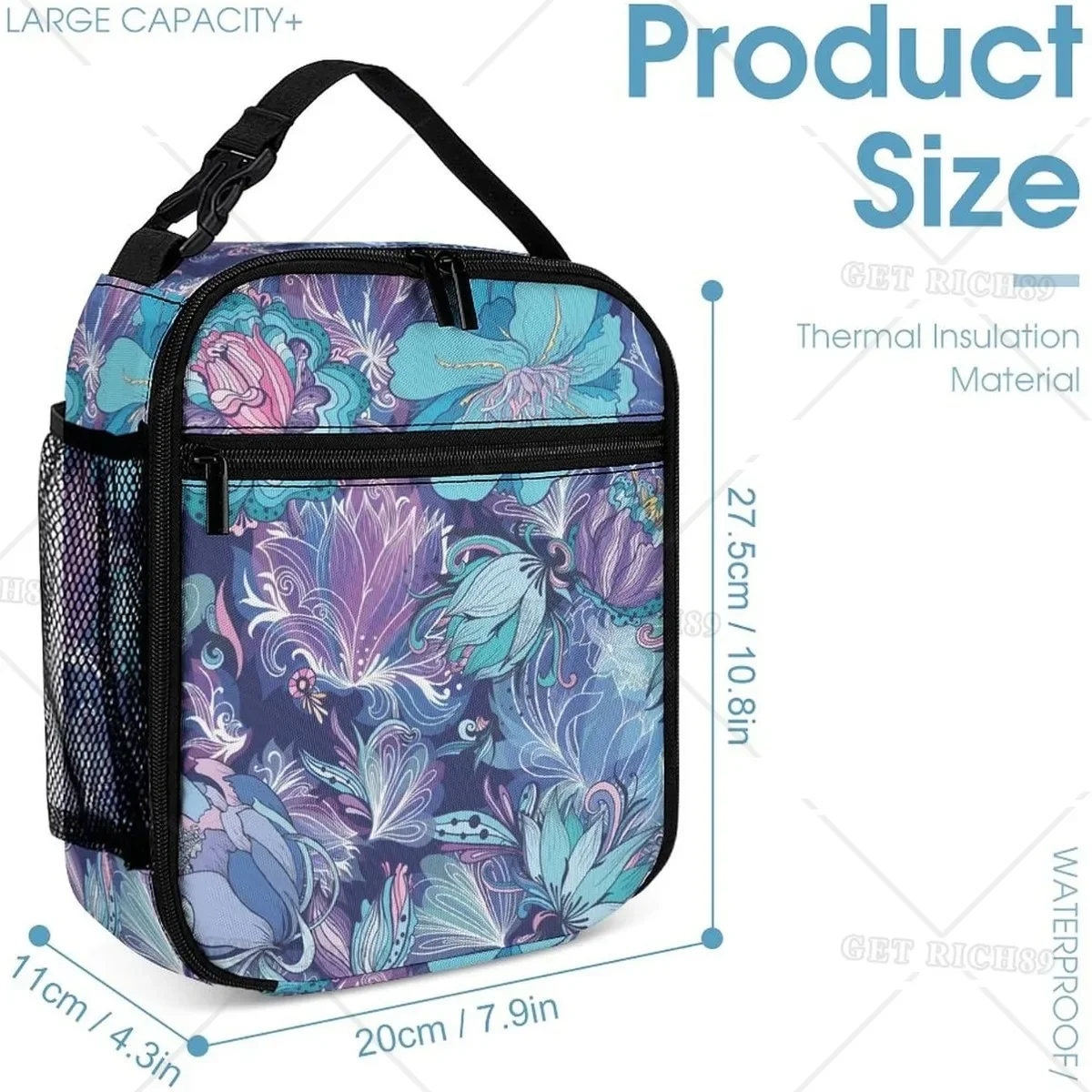 Floral-dark Blue Rectangular Lunch Bag Insulated Portable Lunch Box Tote Bags for Adults Men Women Travel Picnic Office Gifts