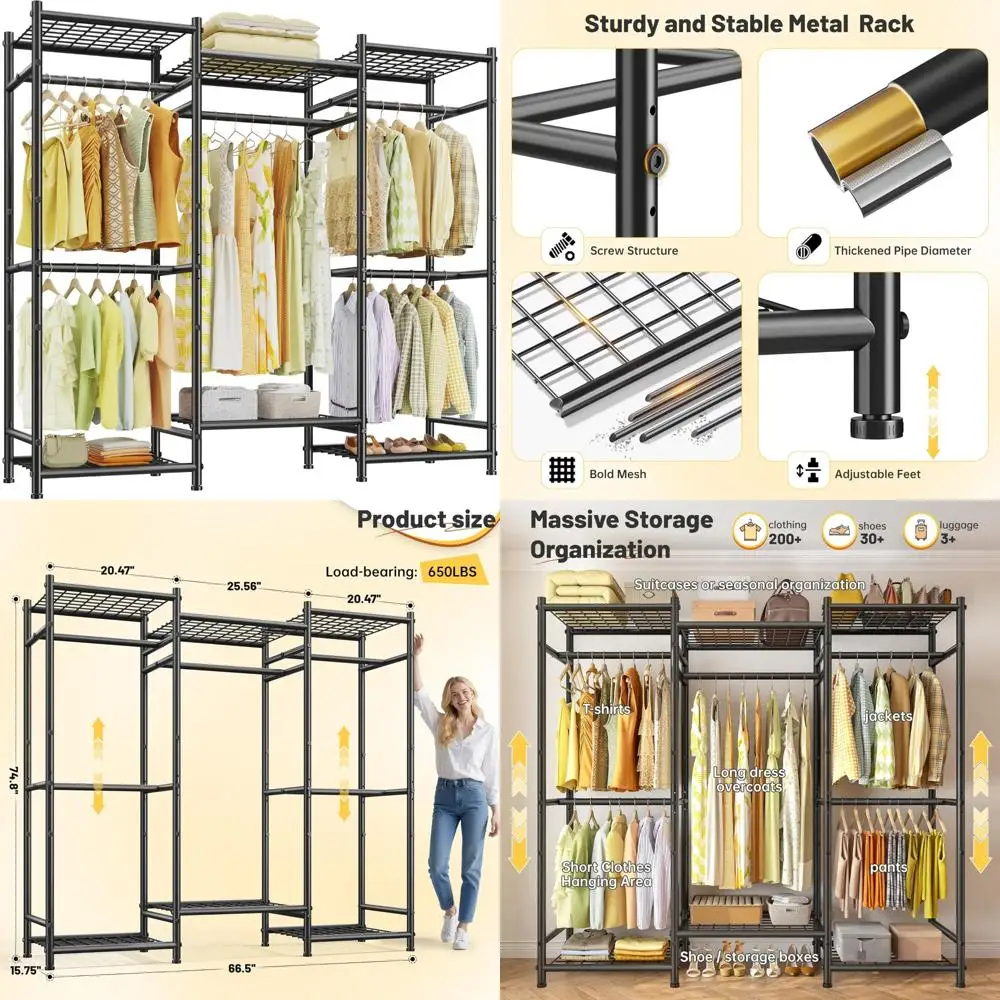 

Portable Heavy Duty Metal Clothes Rack Adjustable Hanging Rack for Bedroom 66.5W x 15.7D Long-Lasting Storage Solution
