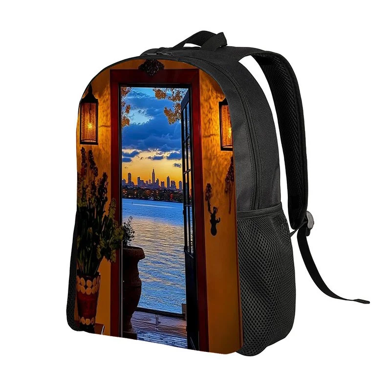 

Рюкзак большой вместимости для мужчин и женщин с 2D-принтом ночного городского пейзажа и дизайном окна — прочный полиэстер
