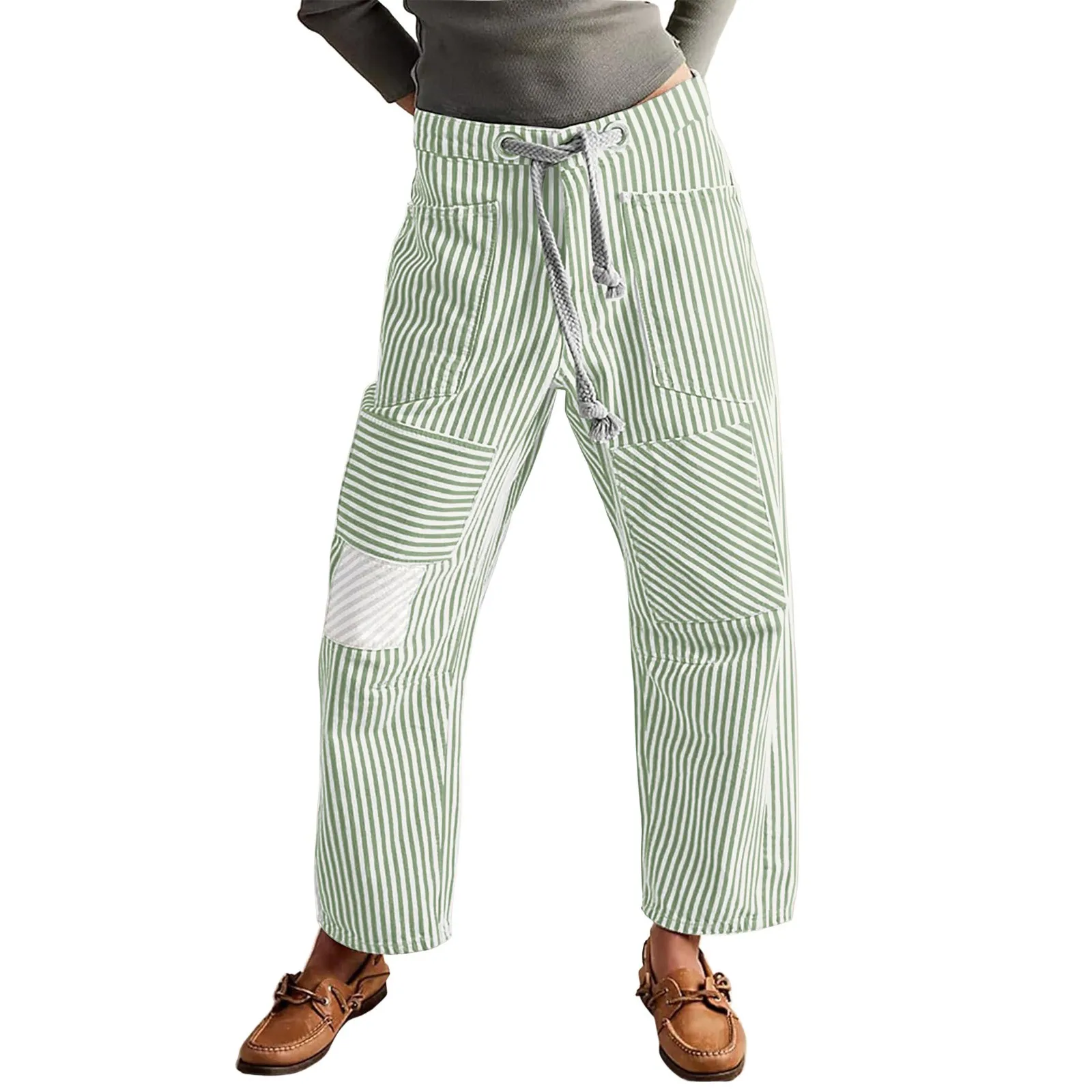 

Women High Waisted Striped Pants Loose Fit Wide Leg Trousers with Drawstring Elastic Waist and Pockets Korea Casual Trousers