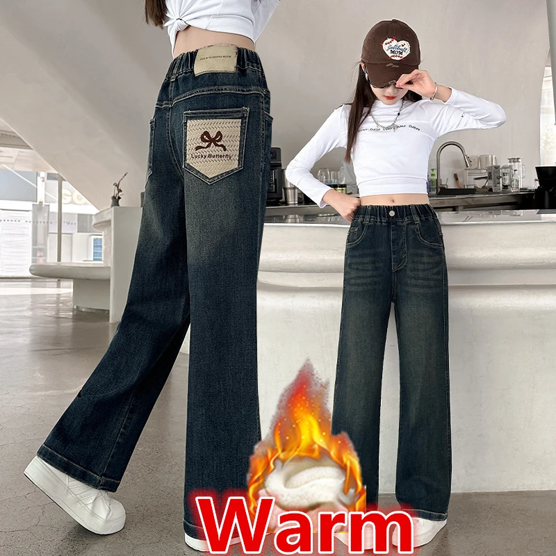 

Autumn Winter Children Straight Insulated Jeans for Girls Baby Warm and Thick Denim Pants Kids Teenagers Thermal Trousers 5-14 Y