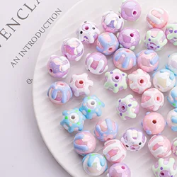 5Pcs 16mm Cute Hand-painted Illusion Flower Colored Round Acrylic Beads For Handmade Mobile Phone Chain Bracelet Materials