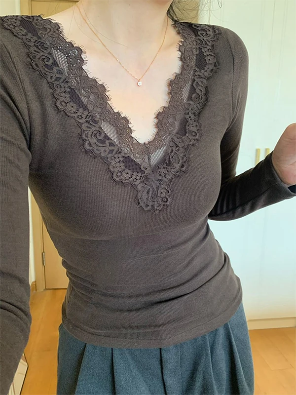 Pure Desire Spitzenbesatz Brustpolster V-Ne Long Sve Strickpullover Damen Winter Slim Fit Base Giic Gut aussehendes Top