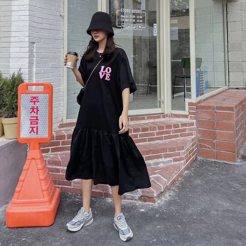 Straße Casual Plus Größe Drucken Brief T Shirt Kleid Lose Patchwork Mode Midi Kleid Vintage Koreanische Frauen Kleidung Sommer Neue