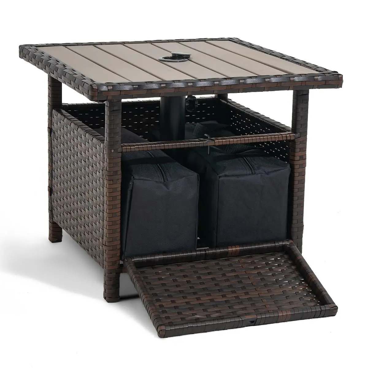 Mesa Lateral para Sombrilla de Patio de Mimbre Marrón de 22" con 2 Bolsas de Peso | Mesa de ratán para todo tipo de clima con sombrilla, personalizada