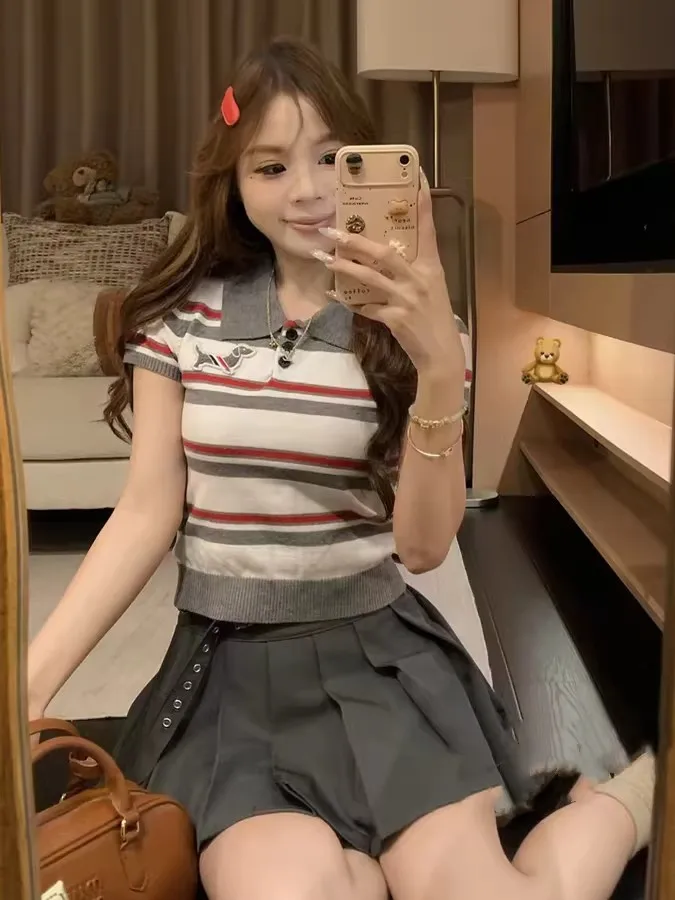

New Style Youthful College Preppy Collared Short Sleeve Neck Knitwear Striped Pattern Women's T-Shirt Casual Fashion