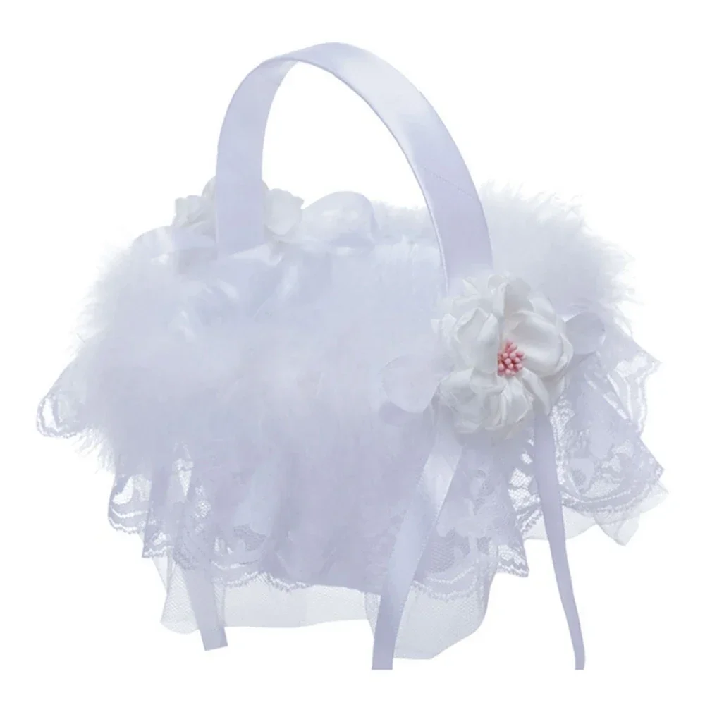 White Feather Flower Basket Large Wedding Baskets for Flower Girls Wedding Ceremony Birthday Party Decorations