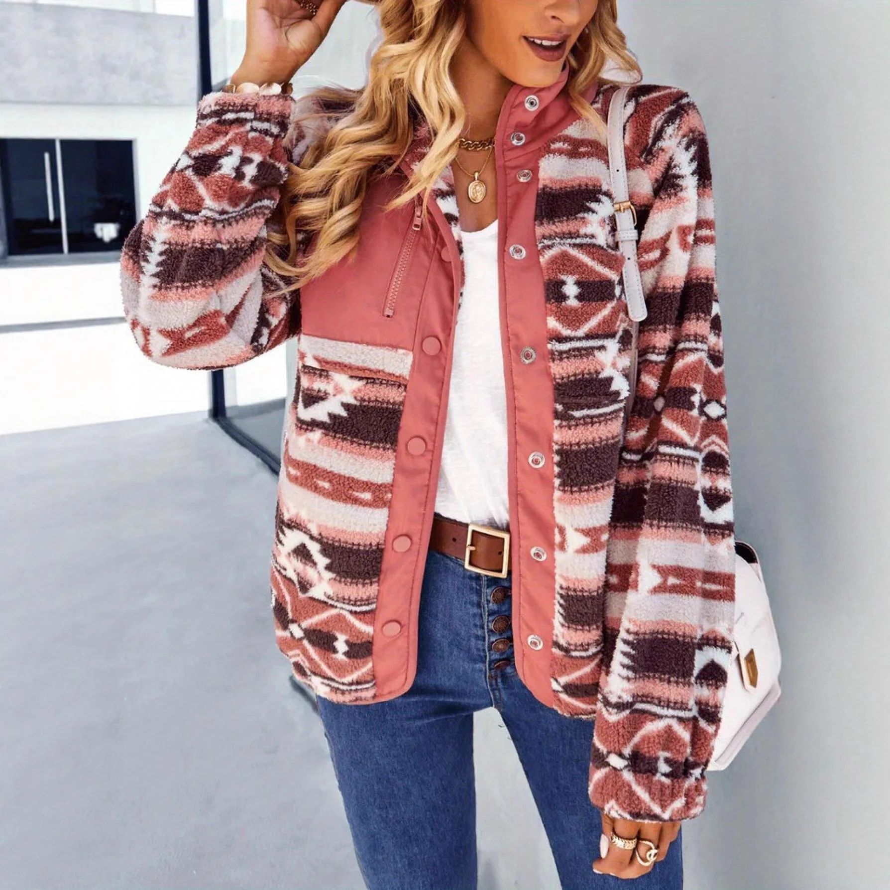 Retro Aztec Geometric Print Shacket Turn Down Collar Button Down Long Sleeve Pockets Loose Fit Thick Warm Winter Outerwear Coat