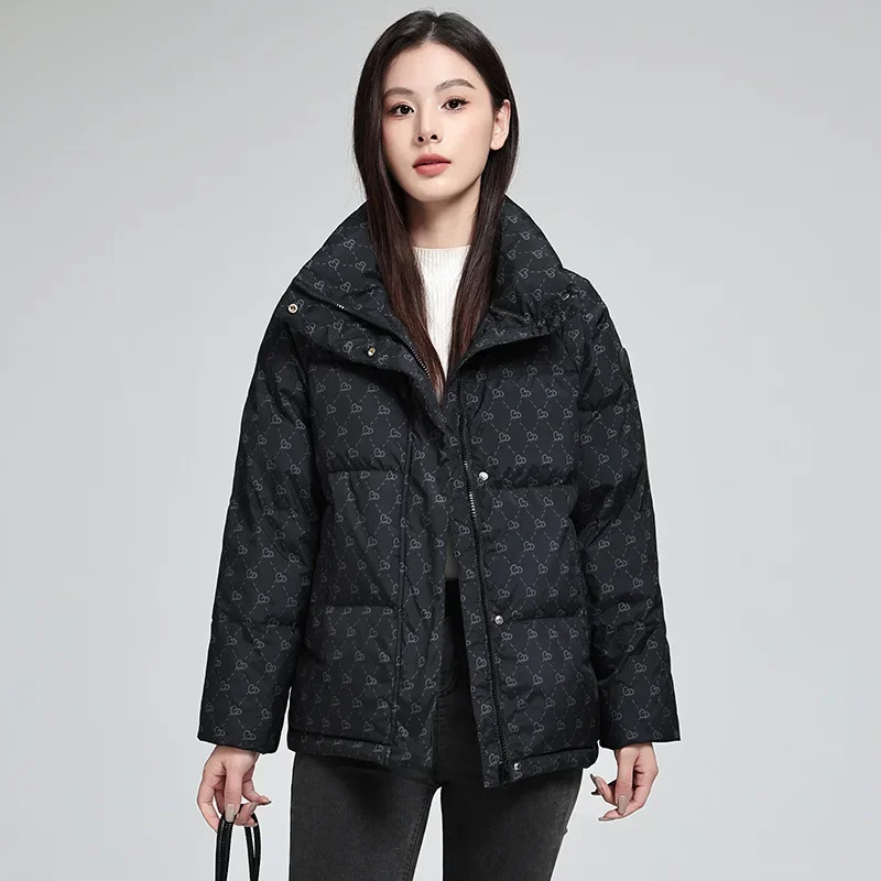 Women's Autumn Winter Top Coat Cotton Coat Printed Stand-up Collar Short Thickened Fleece Lining Simple Casual Design Fashion