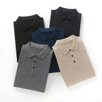 Pull à revers en laine mérinos pour hommes, manches longues, col POLO, haut ample, décontracté, chemise à bascule en tricot, 100%
