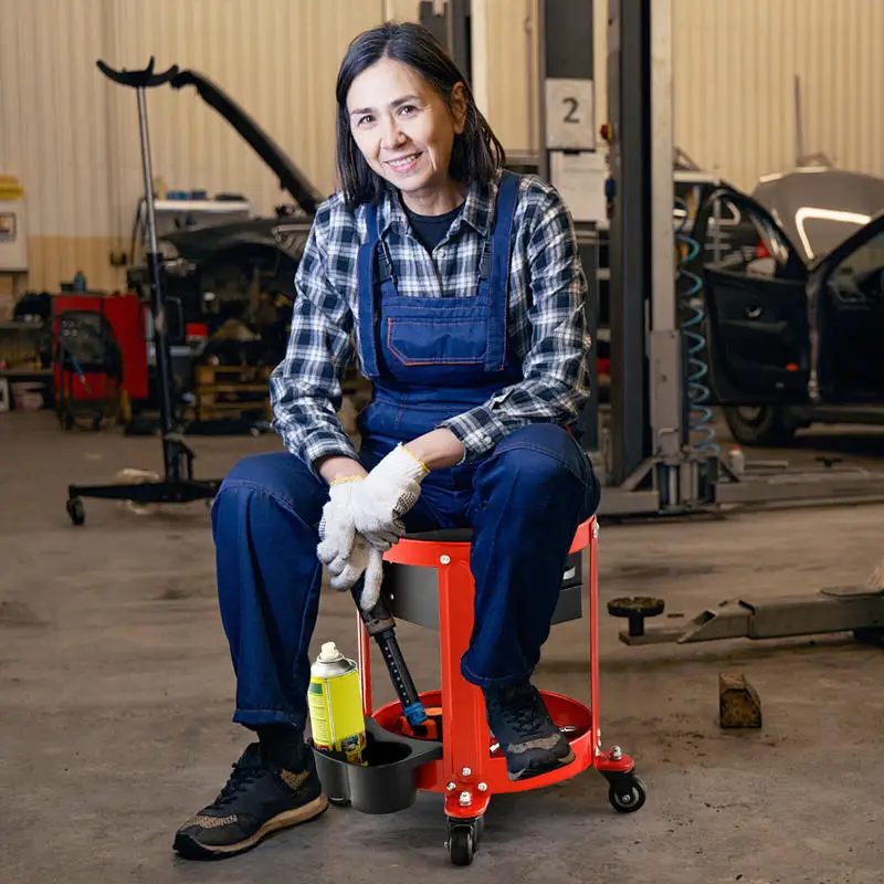 

Rolling Mechanic Stool with Removable Padded Seat and Drawers-Red