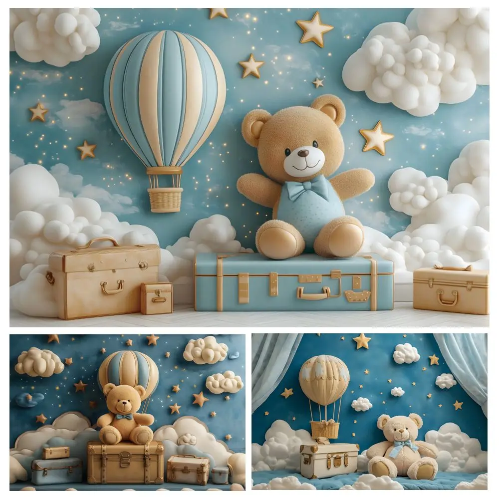 

Baby 1st Birthday Party Decor Backdrop Photography Blue Wall Hot Air Balloons Clouds Bear Suitcase Kid Portrait Photo Background