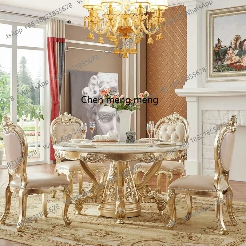 

European white ice jade marble gold round dining table and chair combination European luxury solid wood dining table