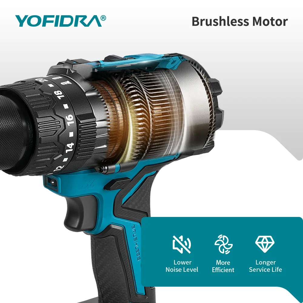 YOFIDRA 900N.M 13MM Bürstenlosen Elektrischen Schlagbohrmaschine 20 + 3 Drehmoment Handheld Bohren Schraubendreher Power Tool Für Makita Batterie pin – Detail 8