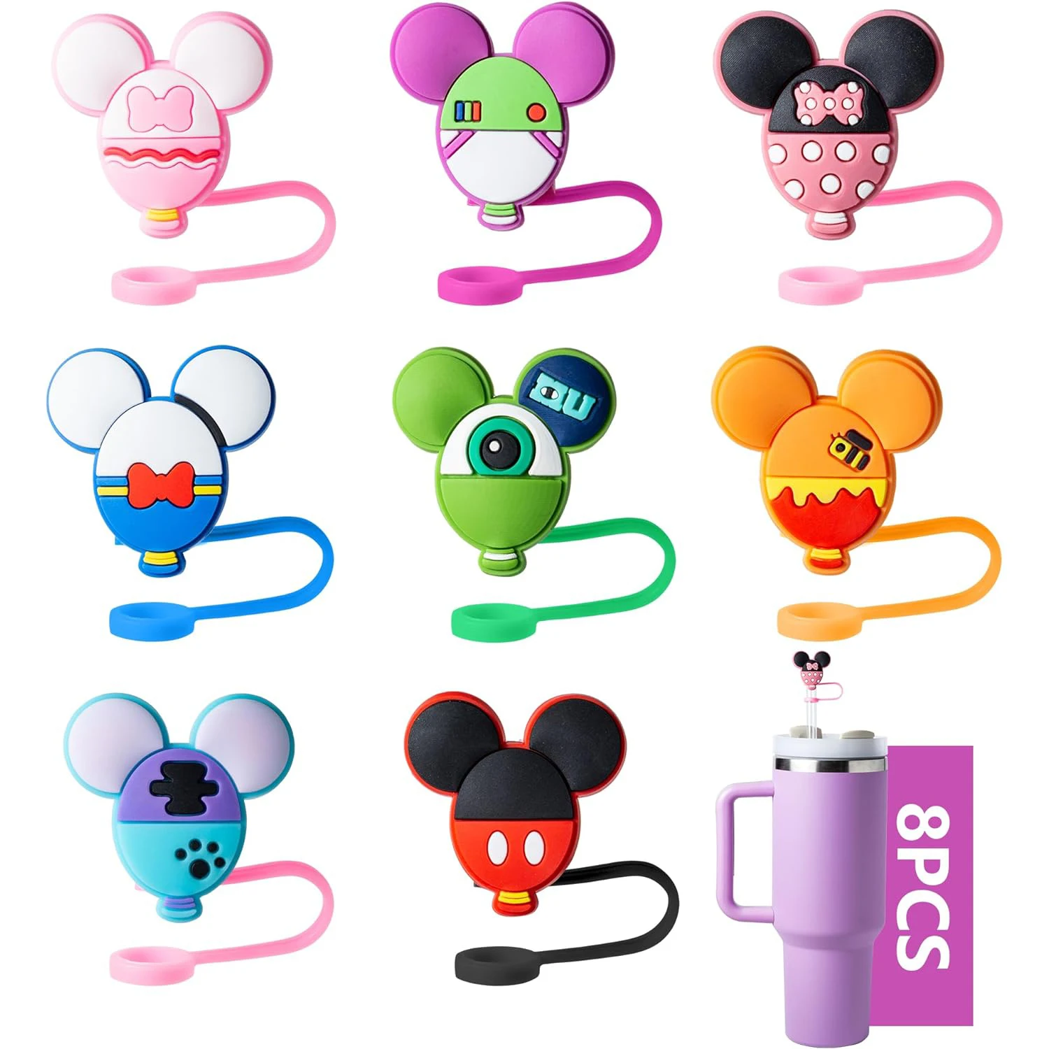 8pcs Cute Mice Straw Covers for Stanley Cup, 0.4in/10mm Diameter Straw Toppers Cap,Compatible with Stanley 20 30&40 0z Cup