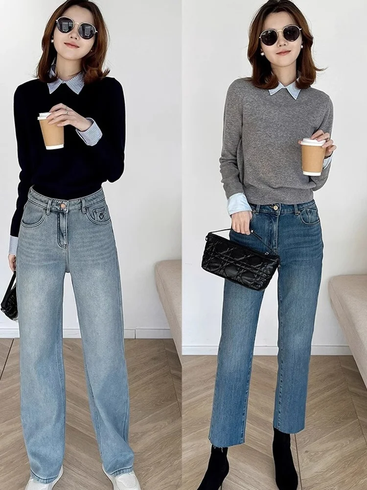 Korean Sle Faionable Knitted Sweater Autumn Winter Loose Long Sve Turn-down Collar Color Blo Top Women's Clothing