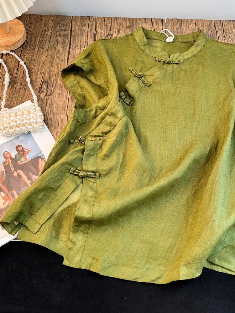 جديد الصينية Sle المرأة الكتان irt الصيف خمر الوطنية Sle غير المتكافئة هملين تحسين أعلى زر التفاصيل #4