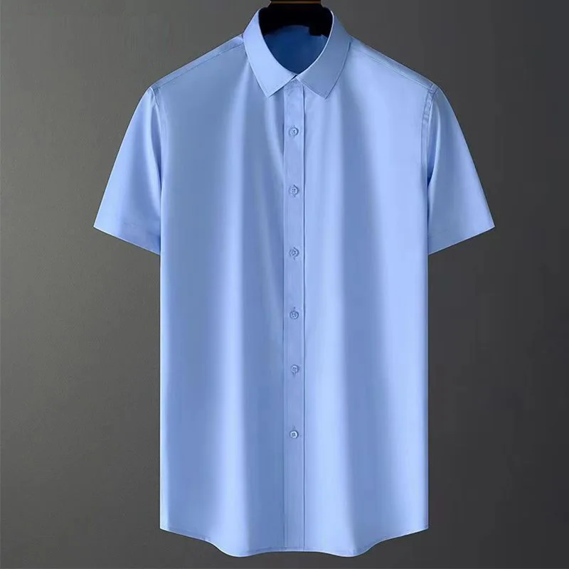 Camisa de negócios branca de manga curta masculina, seda gelada, camisa casual fina, terno azul, forro de casamento, verão, P69