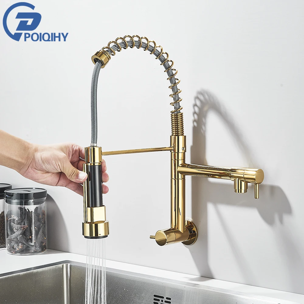 

POIQIHY Pull Down Golden Kitchen Faucet Bathroom Kitchen Sink Faucet Single Lever High Pressure Stream Spray Head Cold Water Tap