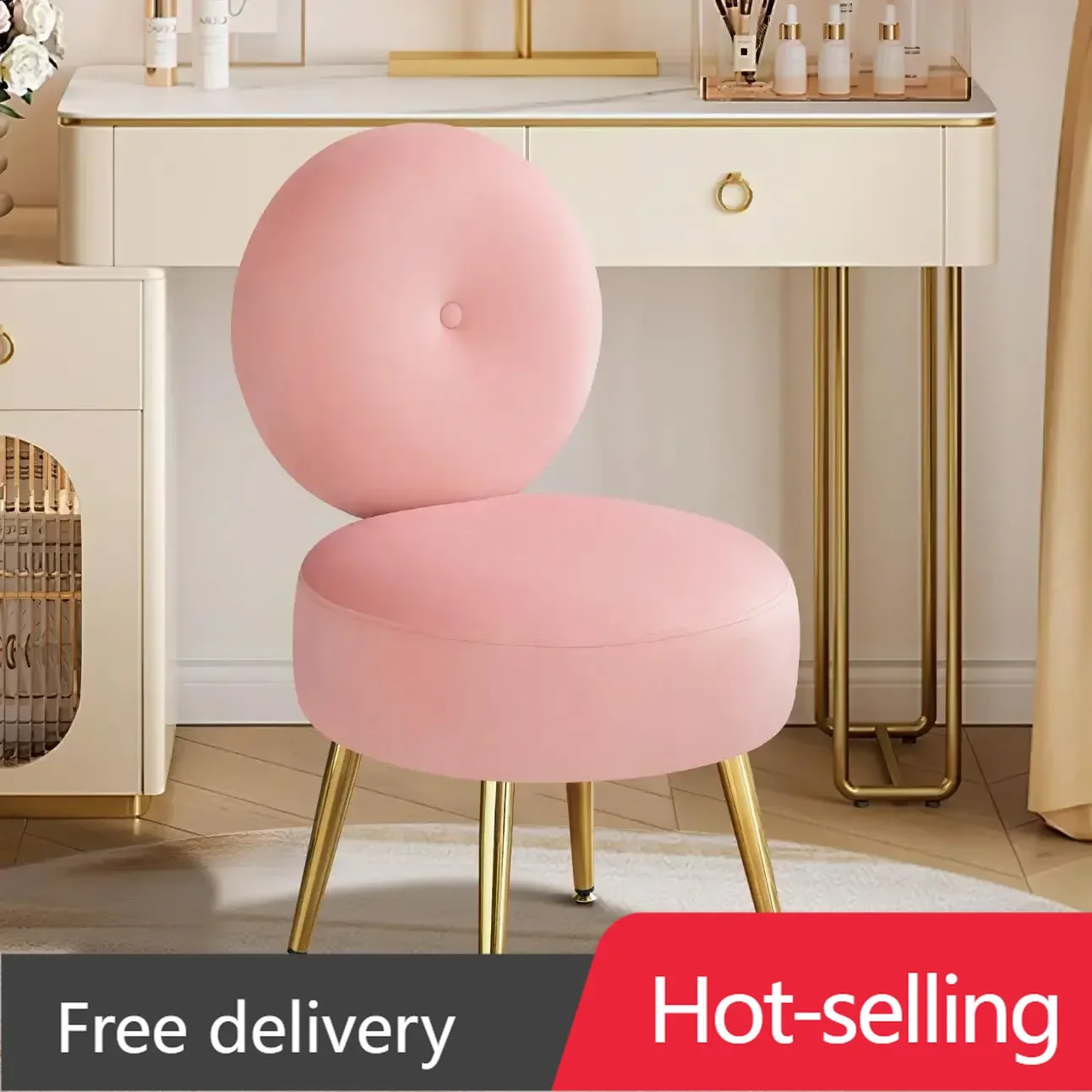 

Pink Vanity Stool Chair with Back, Cute Small Accent Chair Round Makeup Chair with Gold Legs for Vanity Bedroom Bathroom