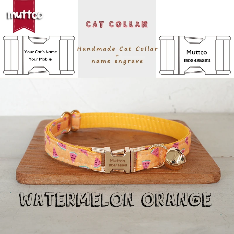 MUTTCO Engraved beautiful self-design personalized cat collars WATERMELON ORANGE handmade collar  2 sizes UCC171