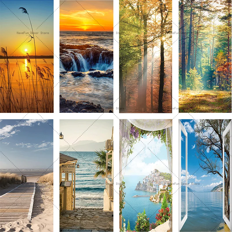 

Sunset Beach Scenery Mural Door Sticker 3D Door Sticker Scenery Wall Sticker Self Adhesive Vinyl Decorative Bedroom Room Door