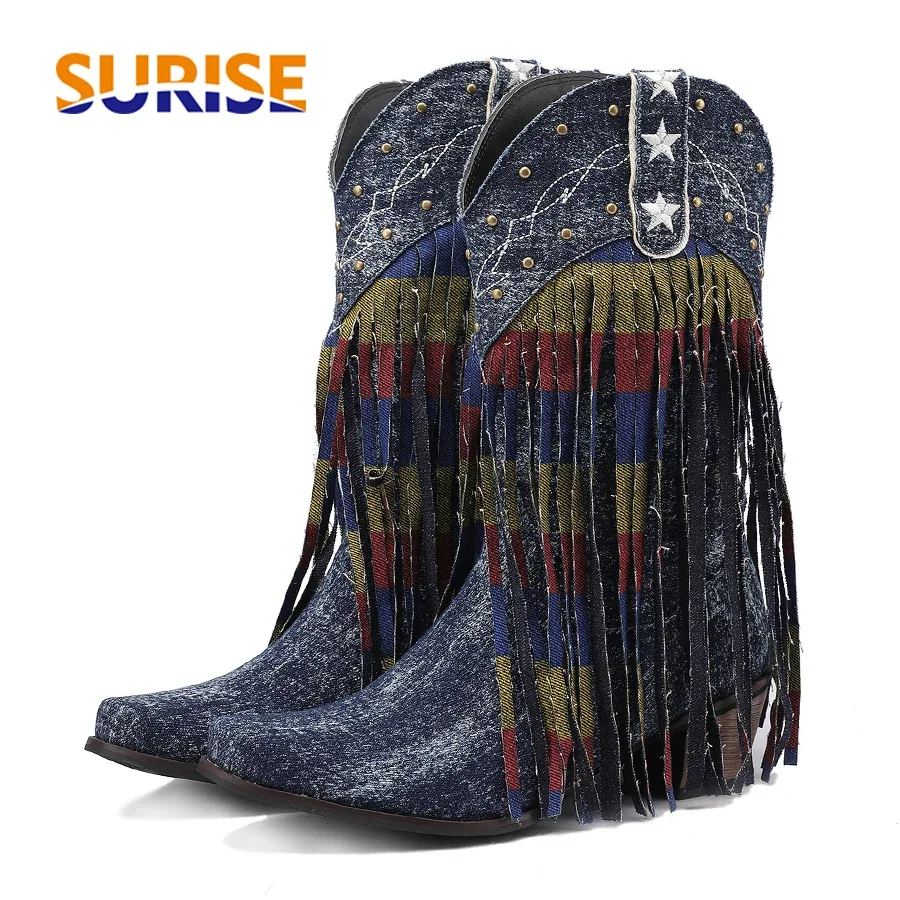 Fringe Western Women Mid-calf Boots Blue Denim High Heels Party Winter Cowgirl Warped Round Toe Slip-on Rivet Tassel Half Boots