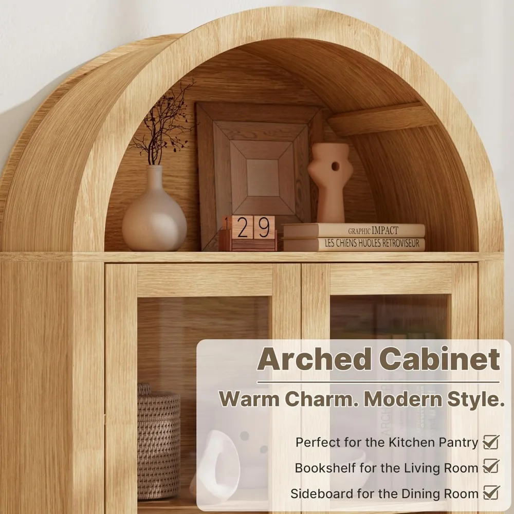 خزانة مخزن المطبخ، أبواب زجاجية، أرفف تخزين خشبية مقوسة، رف كتب طويل القامة لتنظيم المطبخ #4