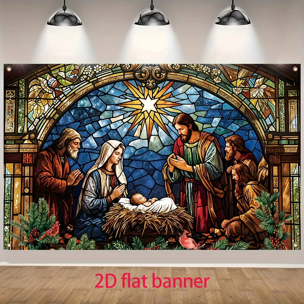 2D flacher 1-teiliger Weihnachts-Polyester-Hintergrundstoff, verziert mit bemalten Krippe-Glasmustern, geeignet für Weihnachten