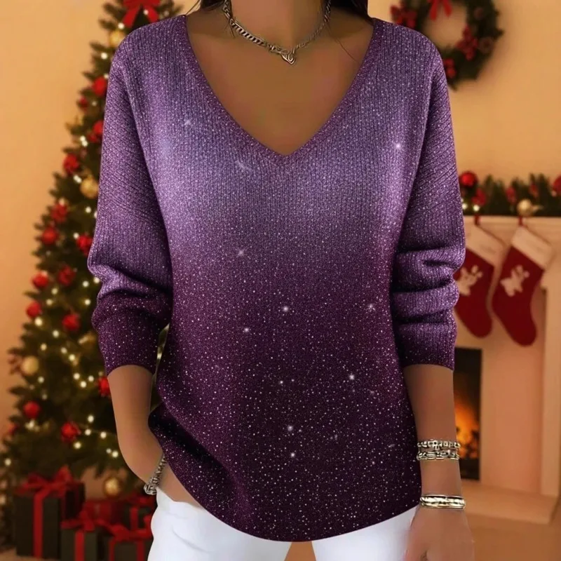 Women's New Top T-Shirt V-Neck Long Sleeve Pullover Printing Fashion Casual Versatile