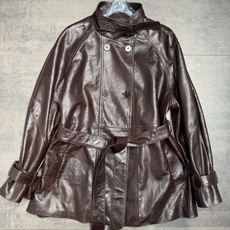 Office Ladies Loose Single-Breasted Genuine Leather Jackets Solid Color Turn Down Collar Long Sleeves Pockets Sheepskin Outwear