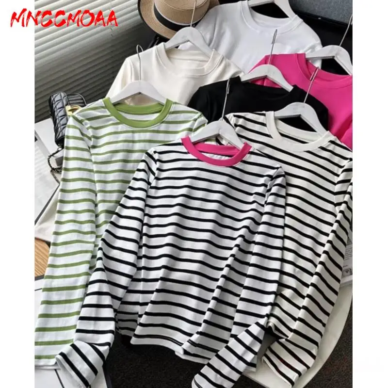 MNCCMOAA Women High Quality 2024 Autumn Winter Basic O Neck Long Sleeve Striped T-Shirt Casual 7-Color Simple Tees Tops Female