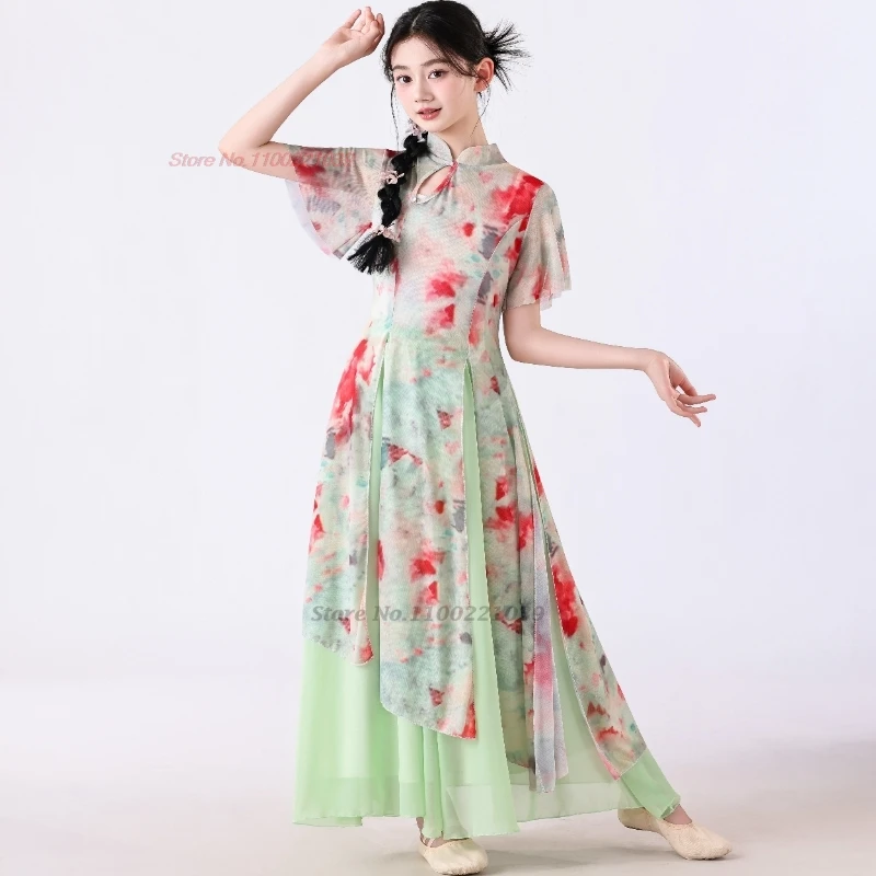 2025 chinese vintage children dance costume flower print mesh qipao dress+pants traditional children stage performance cheongsam