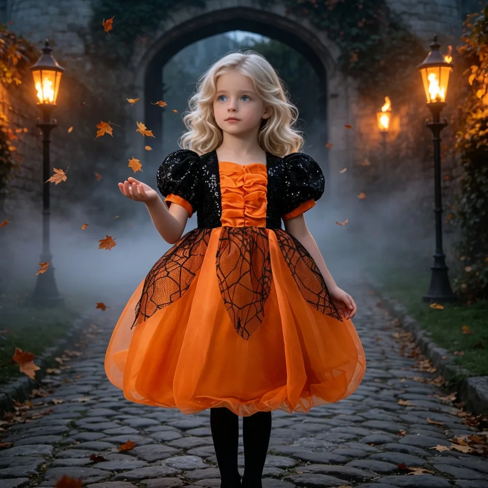 Girls Halloween Puff Sequin Sleeve Dress Kids Spider Web Lace Tulle Tutu Dress Children Black Orange Cosplay Party Costume ASQ03