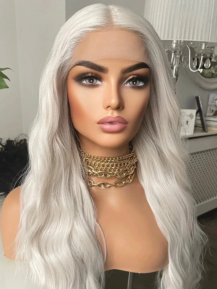 Blonde Platinum Synthetic Lace Wig Wavy Lace Front Heat Resistant Synthetic Wig 13x4 Ash White Lace Wig With Mid For Women Daily