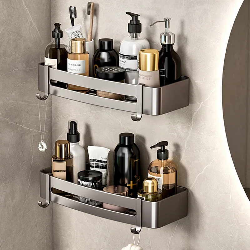

A bathroom rack that does not require drilling to store shower products, cosmetics, and a shower rack