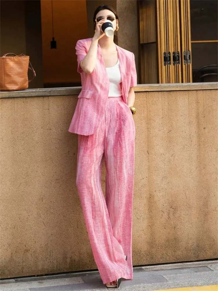 

Mafokuwz Высококачественный розовый льняной костюм с градиентом, свободные повседневные блейзеры, комплект с широкими штанинами, летний модный комплект из двух предметов, женская одежда